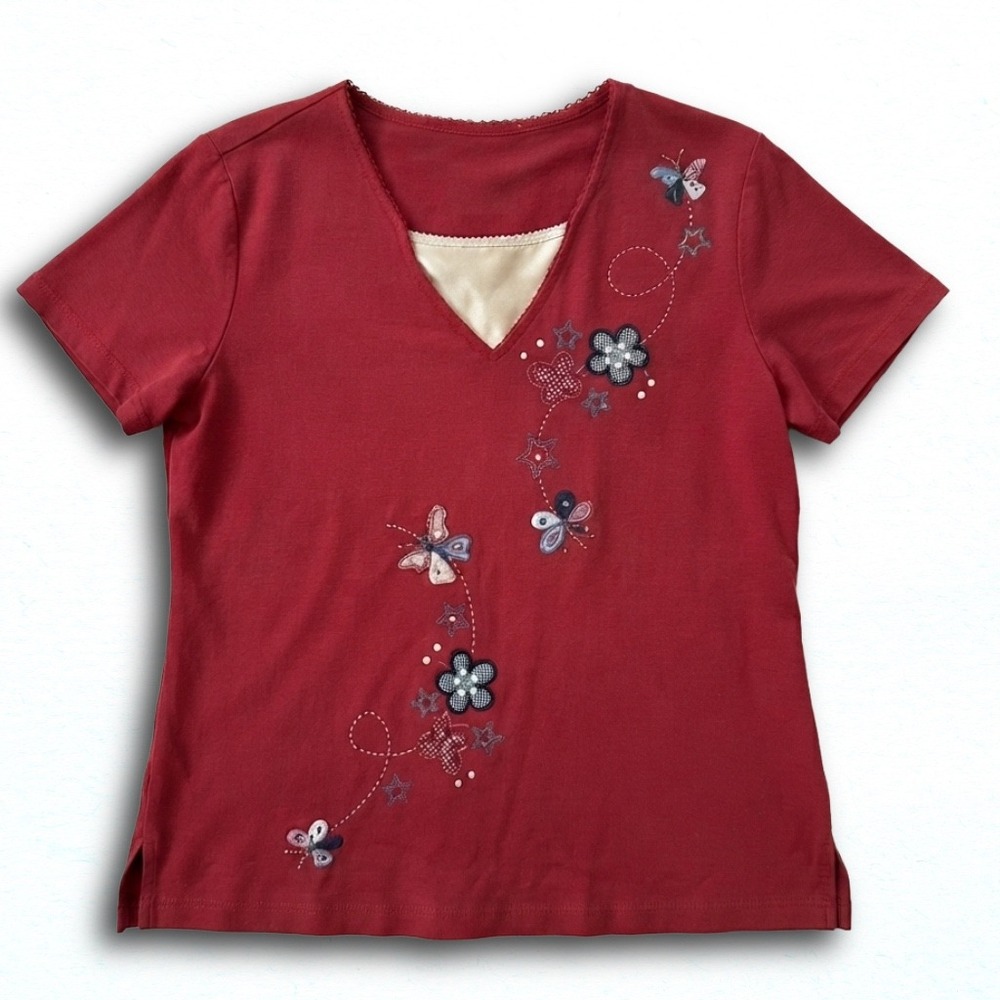 Vintage Red Embroidered Butterfly Flower V-Neck Layered Knit Top Women Small